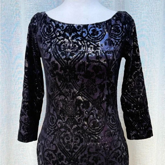 Just Cavalli black blue sequins velvet flocking long sleeve mini dress